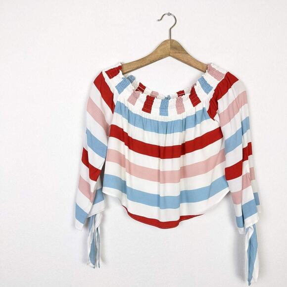 Lovers + Friends Dream Lover Red Blue Stripe Off Shoulder Top Size M - Picture 3 of 7